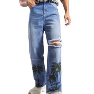 NEW SHEIN MENS TROPICAL PALM TREE JEANS